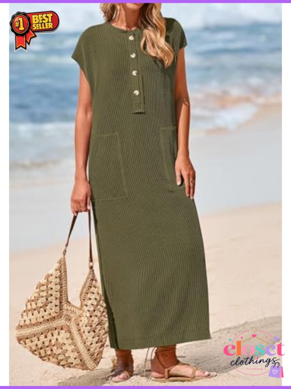 Ribbed Knit Short Sleeve Maxi Dress with Pockets - Picture 2 of 6